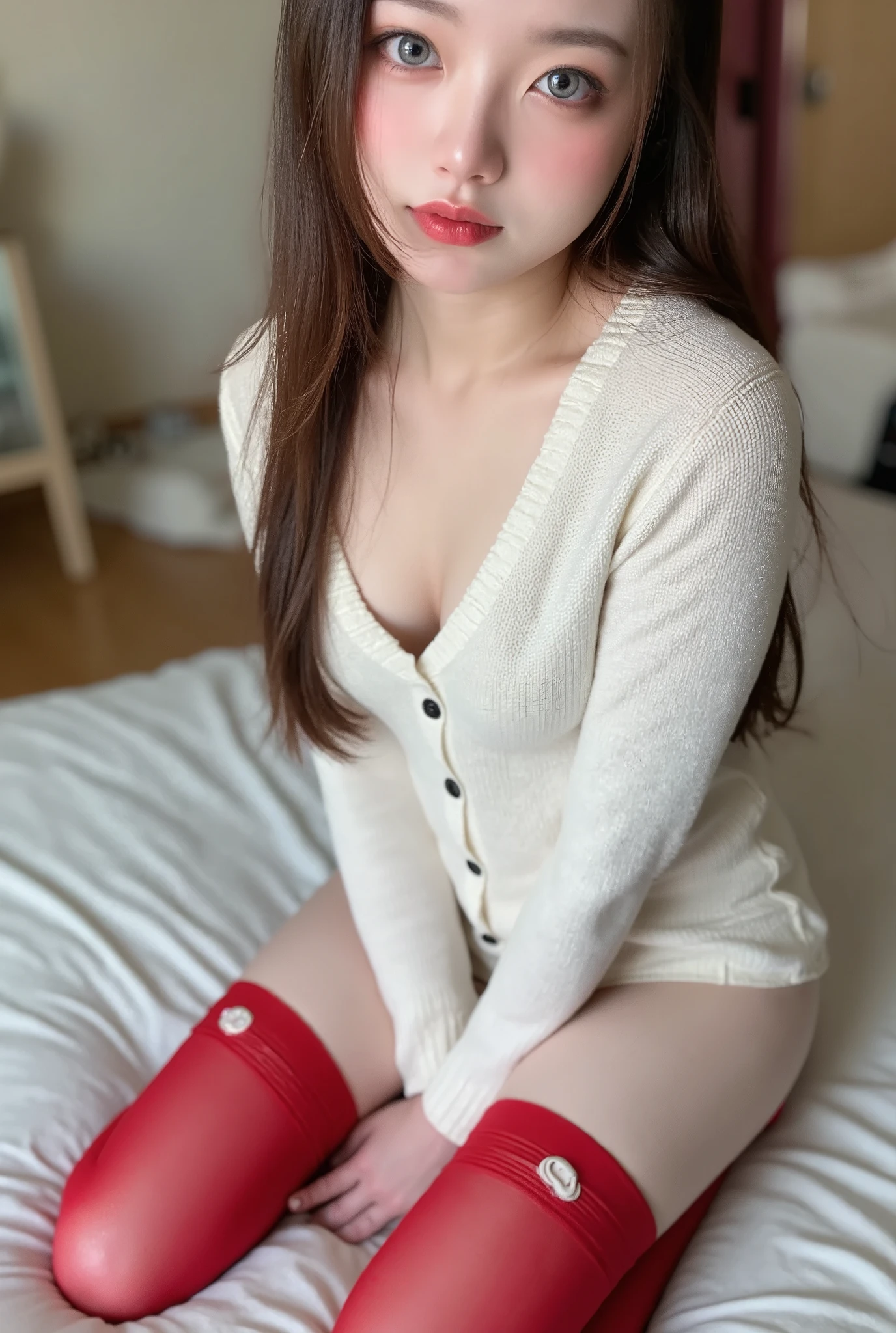 Best Quality、masterpiece、   one woman、shy:0.2、   insanely cute   、baby face、Beautiful grey eyes、Silky brown hair、   semi-long hair 、white long knit fabric   、   big size knitwear、   loose fitting knitwear   、long blade 、  small breasts、Shapely breasts、   Healthy Thighs、Red Stockings、   garter stockings  、   uncomfortable stockings   、   panties、   COMPLETE ANATOMY 、   very delicate face   、Correct finger、