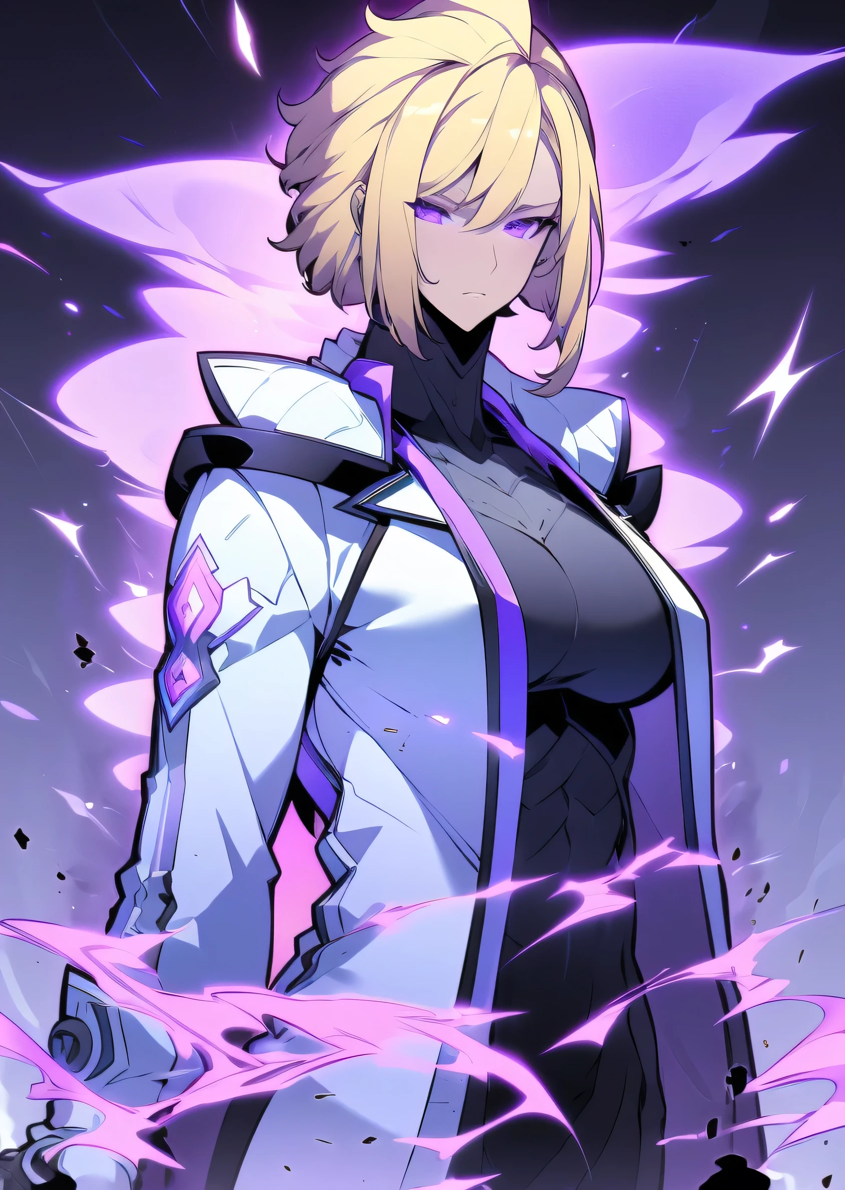 Midly Muscular woman, upperbody, blonde hair like fire, purple eyes, white gold and black outfit, mainly white oversized jacket, black pant, white shoes, fullbody view, intricate pencil sketch, expressive eyes and nose and mouth, un-zoom, highly detailed, flexing blue ice power, ice steam, ice particles