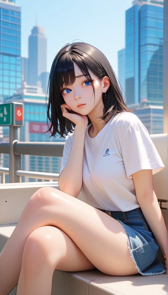 teen girl character is Sitting , with black hair, City background, Best Quality, HD, 8K Octane, blue Eyes, High Resolution, High Quality, Anatomically Correct, Korean girl,