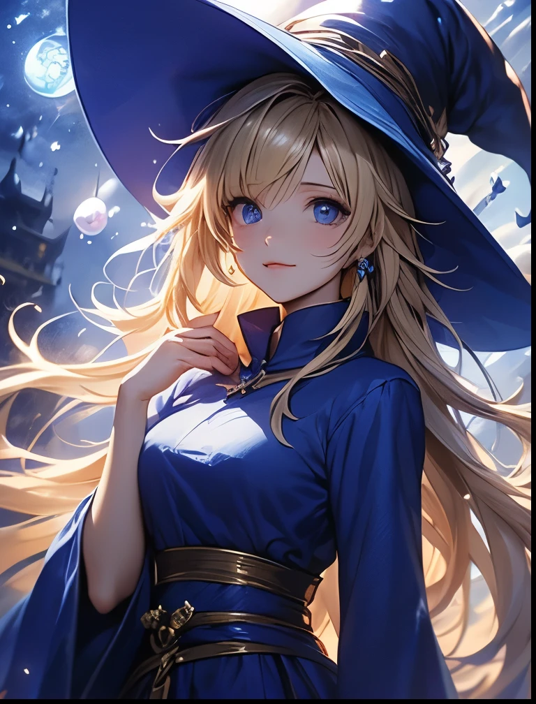 (((SFW、Precision、Highest quality、A first-class masterpiece、Normal body、8k、 Detailed Face 、Ultra-precision、 Normal hand、5refer to、Highest)))、Witch、Witch(Puyo Puyo)、adult、 Blonde Long Hair 、 Beautiful Girl、 Blue Mage Robe、 Blue Mage Hat 、Broom Wand 、 FFXIII-2