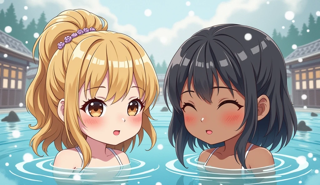 2girls, ((:1.5)), baby face, onsen, forehead and blunt bangs, glossy blonde hair and black hair, long hair and short hair, single braid, blue eyes and black eyes, beautiful detailed eyes, ahoge, ((blush:1.6)), clear sky, smile, wet:1.5, bath towel