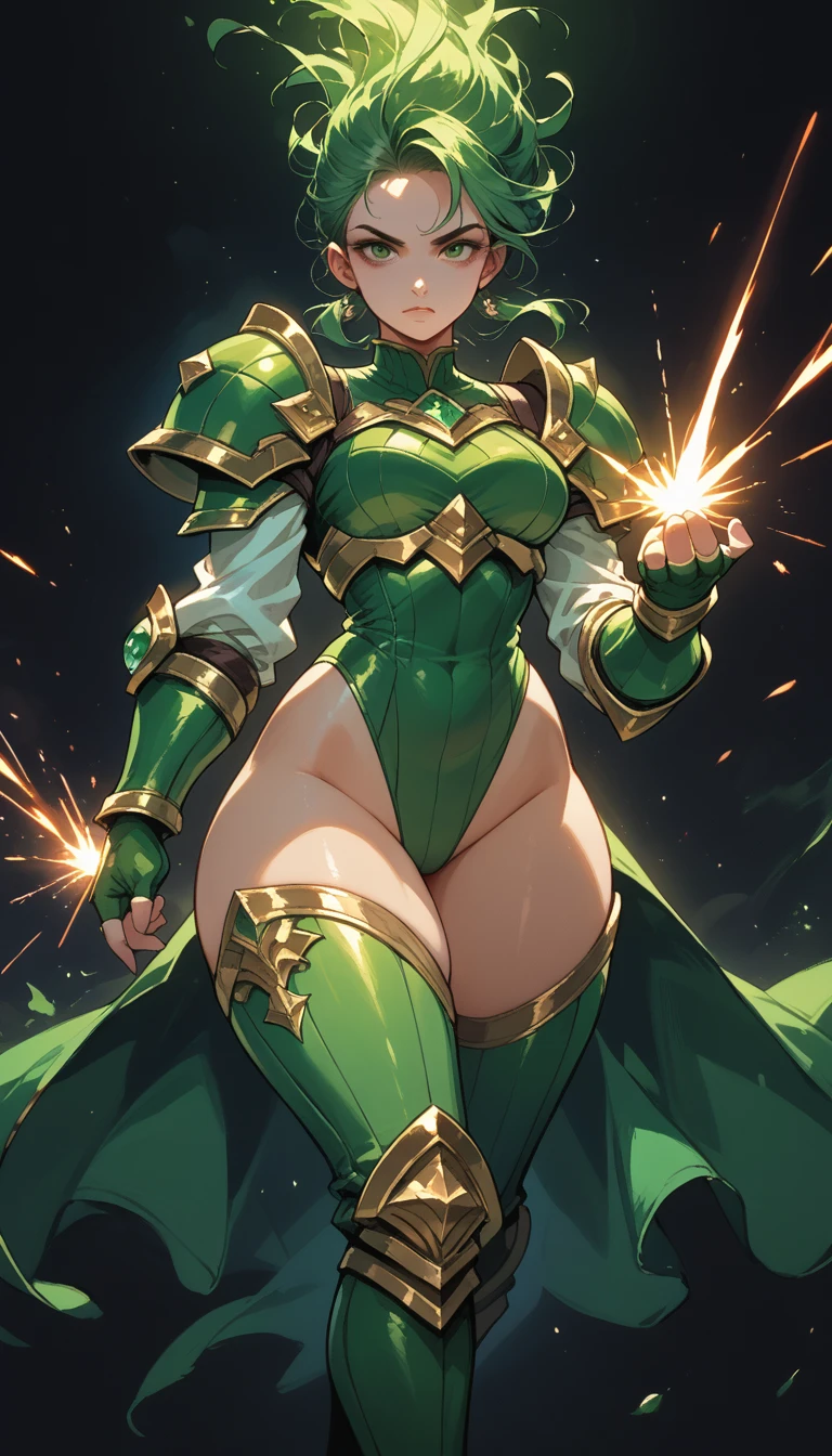 Epic poster.  Beautiful girl in epic pose . thick thighs .   Wears olive green armor with leotard style shoulder pads.  fingerless gloves .  black boots . perfect anatomy.  vibrant colors .  Dark background with sparks . Better Future .