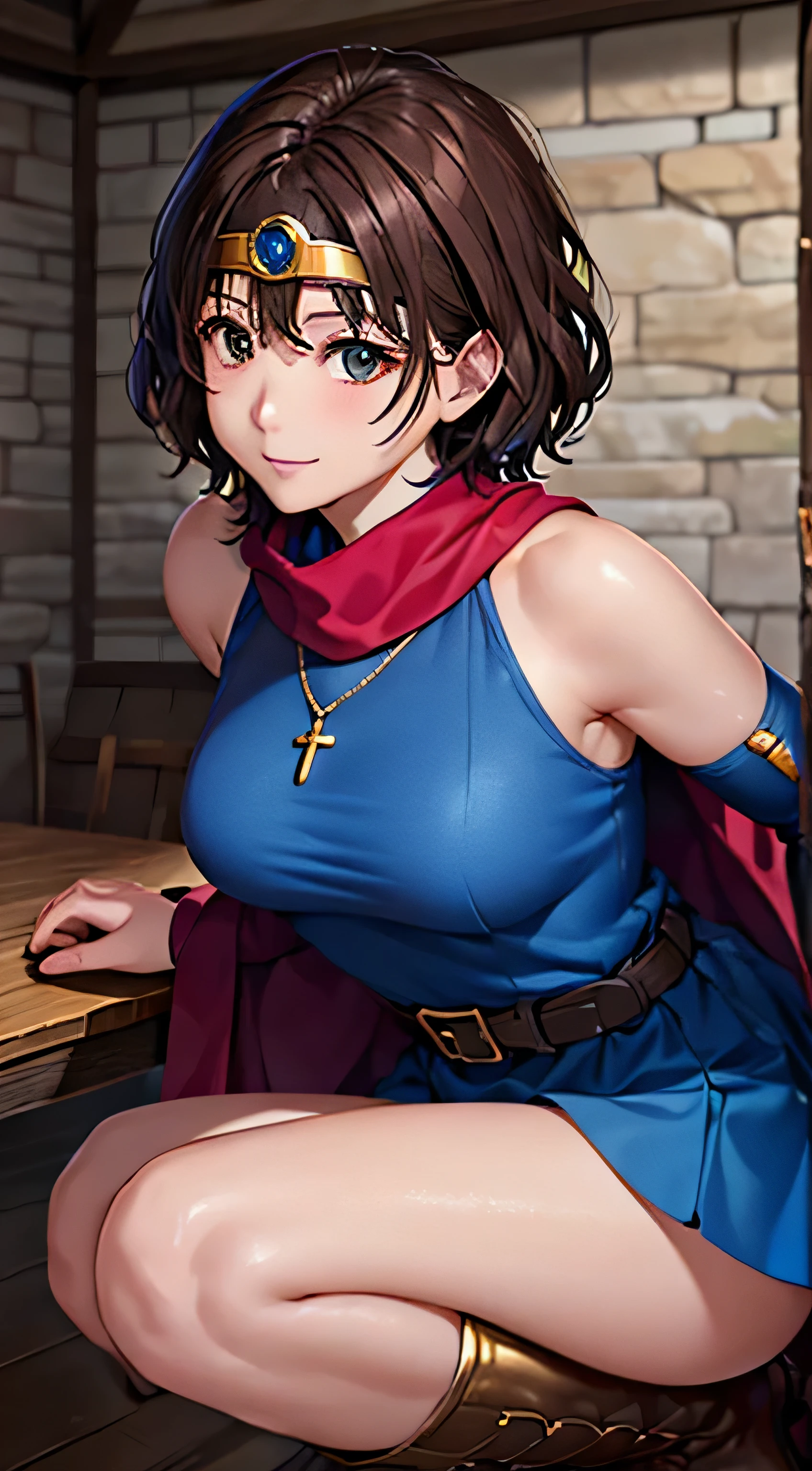 (( table tops, Best Quality,  Hi-Res, ,  pixel perfect, 4K,))), 1 female, 、 ((brown wavy short hair、bangs, Brown Hair、 all over)), (( Brown Eyes ,  beautiful eyelashes , Realistic eyes)), ((  detail face , )), (( smooth texture:0.75, Realistic texture:0.65, Realistic:1.1,  anime CG style)),  medium bust ,  Dynamic Angle,  perfect body, Female Warrior、(( , Prairie with Castle View , Gold Shoulder Armor 、Gold Circlet, ,Blue Dress ,Blue Flared Skirt ,  knee-high boots,Arm guard , belt、Red Cape)), golden hair ornament 、 cross necklace 、 lean forward、 stick my butt out、、 very embarrassing panic smile , 、、 pink lace panties、、、、、)、