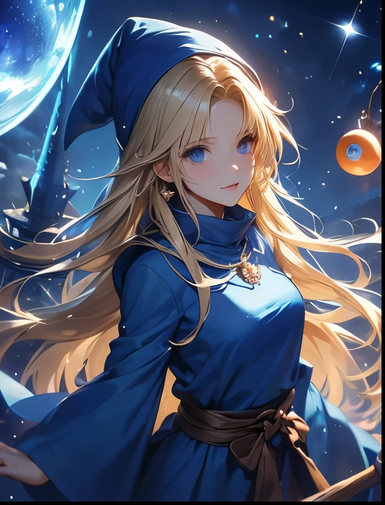 （（（ＳＦＷ、Precision、Highest quality、A first-class masterpiece、Normal body、8k、  Detailed Face 、Ultra-precision、 Normal hand、５refer to、Highest）））、Witch、Witch（Puyo Puyo）、adult、 Blonde Long Hair 、 Beautiful Girl、 Blue Mage Robe、 Blue Mage Hat 、Broom Wand 、Meteo