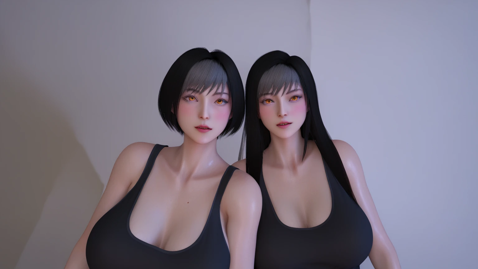 two women in black dresses posing for a picture in front of a wall, beautiful sci - fi twins, realistic female faces, realistic face and body hybrid, 3 d anime realistic, two girls, high detailed perfect faces, with fully detailed faces, smooth 3d cg render, 3d character realistic, ultra realistic faces, beautiful gemini twins portrait, two beautiful anime girls