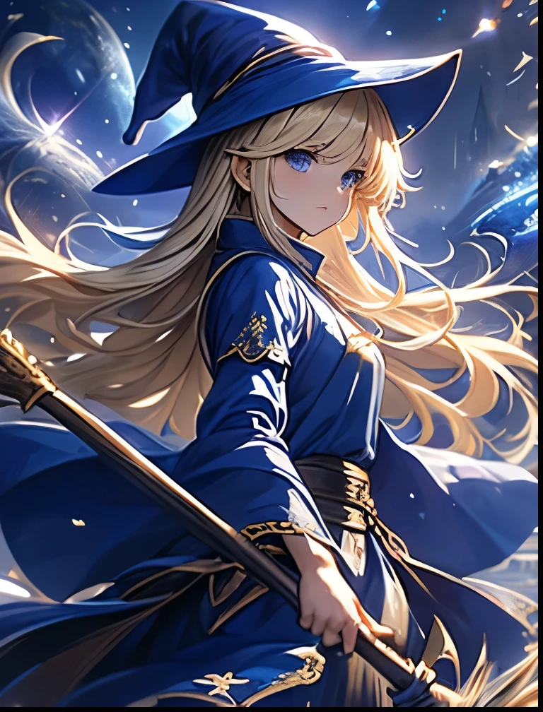 （（（ＳＦＷ、Precision、Highest quality、A first-class masterpiece、Normal body、8k、  Detailed Face 、Ultra-precision、 Normal hand、５refer to、Highest）））、Witch、Witch（Puyo Puyo）、adult、 Blonde Long Hair 、 Beautiful Girl、 Blue Mage Robe、 Blue Mage Hat 、Broom Wand 