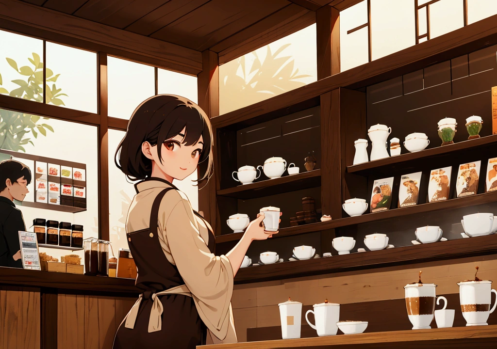 An Asian beauty is packing coffee. The coffee shop is full of warmth, sunshine and three-dimensional feeling. 