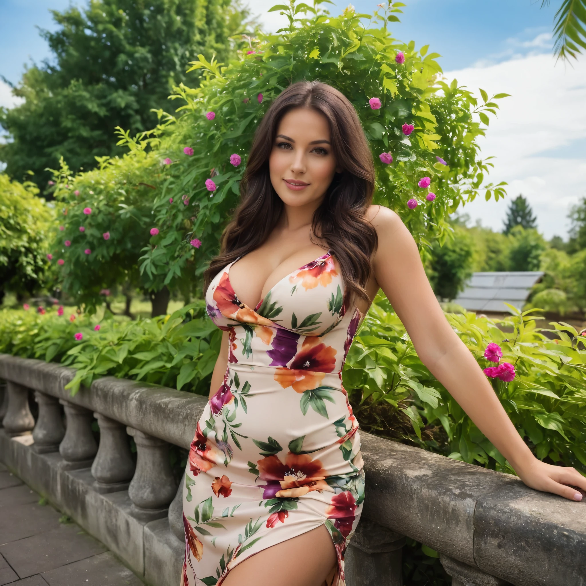 Portrait of beautiful slim brunette with huge tits wearing a floral dress