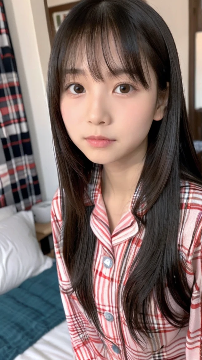  Japanese、 innocent face ,Calm Eyes,ish, Long Sleeve (red plaid pajamas:1.2),, semi-long hair,、(adult:1.3)、bedroom、 from the front、bangs、(Black Hair), bed、,(close up face:1.1)(High school girl:1.3)