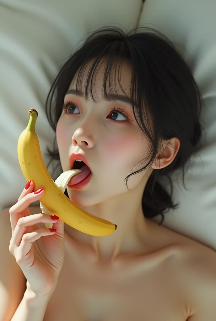 naked girl, perfect body, highly detailed and perfect face, eating a banana