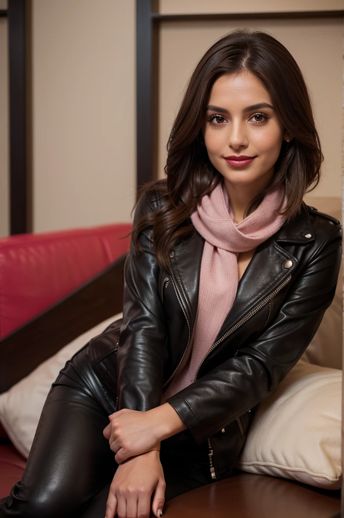 Photorealistic portrait, Armenian woman brown hair with long bob cut hairstyle, half-body capture, genuine smile showcases warmth and cheerfulness, skin aglow with sensitivity, face delicately touched by soft make-up and radiant red lipstick, attired in black leather jacket complementing her silhouette, paired with sleek skinny trousers and classic riding boots, accented by a tender pink scarf.