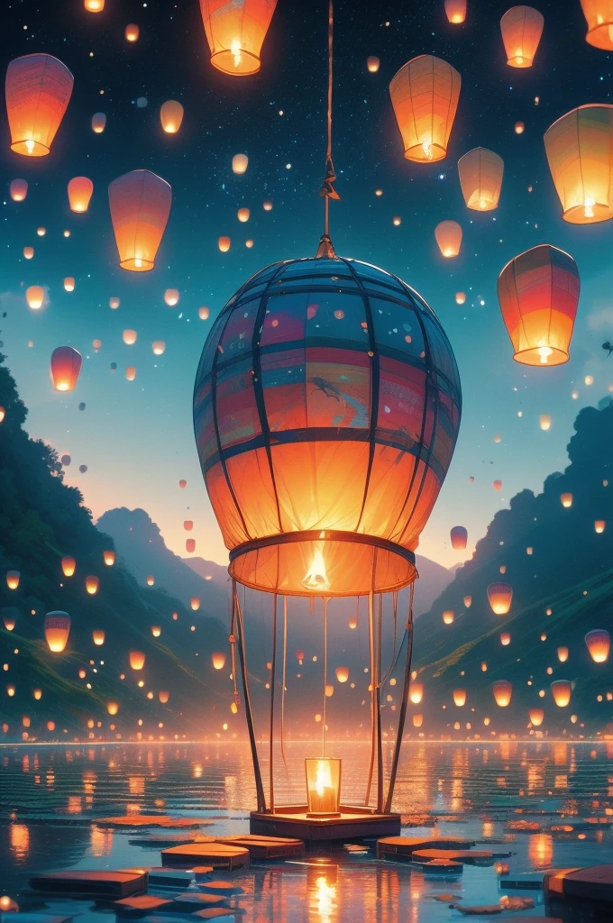 In this dreamlike scene, a sea of glowing lanterns drift lazily across the starry night sky, their radiant light casting an ethereal glow on the tranquil lake's surface. The lanterns' gentle bobbing creates ripples that distort the water's perfect reflection of the celestial canvas above, as if reality and fantasy are colliding.