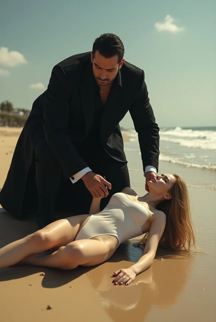 The man in his 45s with black very short hair and smooth face with moustache. The woman in her 45s with brown wavy long hair. The man is wearing an unbuttoned white shirt and black trousers. The woman is wearing an elegant black low-cut dress. They are on the beach. There is a campfire. Night, dark, dim. Missionary sex. The woman is moaning. Ultra realistic.