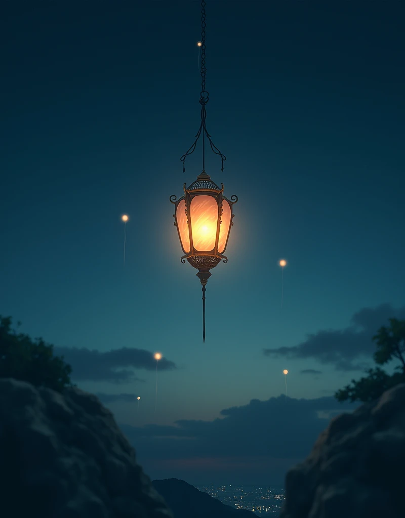 Realistic, the theme is "Floating Lanterns", a lantern floating in the night sky, the souls of the dead floating along with the lantern, a scene that makes people feel nostalgic and sad, sophisticated design, advanced lighting technology, live-action photos 8K quality