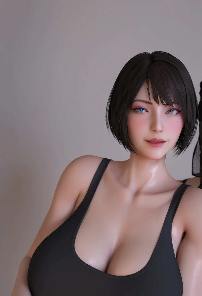 Generate a realistic 3D character of a young woman with a fair, smooth complexion and expressive, deep blue eyes. She has short, jet-black hair styled in a sleek bob cut with soft, even bangs that frame her face gently. Her facial features are delicate and feminine, with a subtle hint of blush on her cheeks, light eyeshadow to enhance her gaze, and a glossy pink tint on her full lips, giving her a polished look.

She is dressed in a sleek, form-fitting black tank top that accentuates her shoulders and collarbone. Pair this with a high-waisted black skirt that falls just above the knees, creating a chic and professional appearance. She wears sheer black stockings that add elegance to her outfit, along with simple, black heels that complete the look.

Position her in a standing pose, with a relaxed yet confident stance. Her arms are relaxed at her sides or one hand is on her hip, and she’s giving a slight, friendly smile. The background should be a softly lit, minimalist indoor setting with neutral tones (such as soft grays or beiges) to keep the focus on her. Subtle lighting should highlight her facial features and create a soft reflection on her skin, adding a touch of realism and detail to the image.