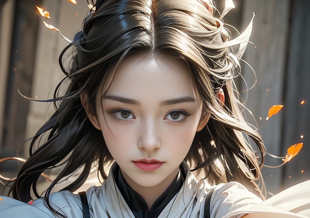 A girl，ite，realisticlying，The upper part of the body，Realistis，Floating hair，Detailed face --auto