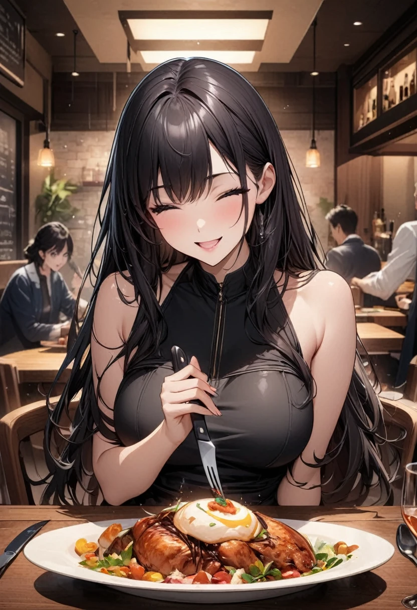 Beautiful girl 、Best Quality、Ultra-precision、Detailed drawing、Age 30、 Restaurant、 sit on a chair、Eat、 knife and fork 、food on the table 、 finger bowl、 black dress、、Beautiful big boobs、Close to the body、Beautiful figure、 black hair long hair、Vivid colors、A very ecstatic smile、 slender figure、Accurate depiction、 CG Illustration 、
