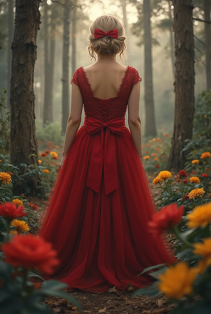 1girl,short hair,blonde hair,red gothic clothes,red flowers,yellow flowers,thistles, thorns,forest,(gloomy,no light),(in cage),big red bowknot,(full body,wide shot,panorama), mfotou, backlight,watercolor
