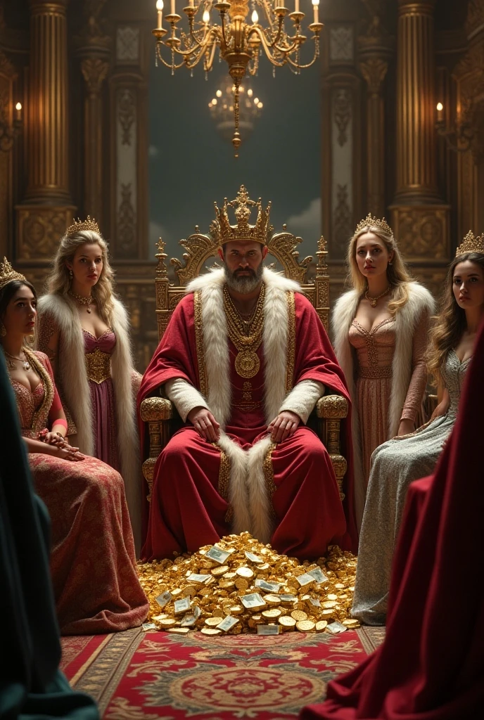 King Solomon in His Harem with women around. High definition, cinematic quality, 3D, beautiful lighting, best quality, realistic, intricate details, highly detailed, Fujifilm XT3, RAW photo, 8K HD, cinematic grain