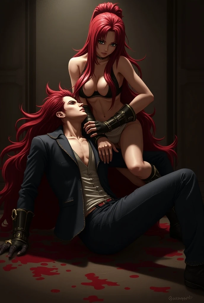 a hot kitsune woman in anime style with red hair and 9 tails. She is busty and has a big ass. She is chubby with short kimono. Her nipples are free in bed with a kitsune man  with a big chest that muscular hanging out and long white hair that falls down to his knees. 