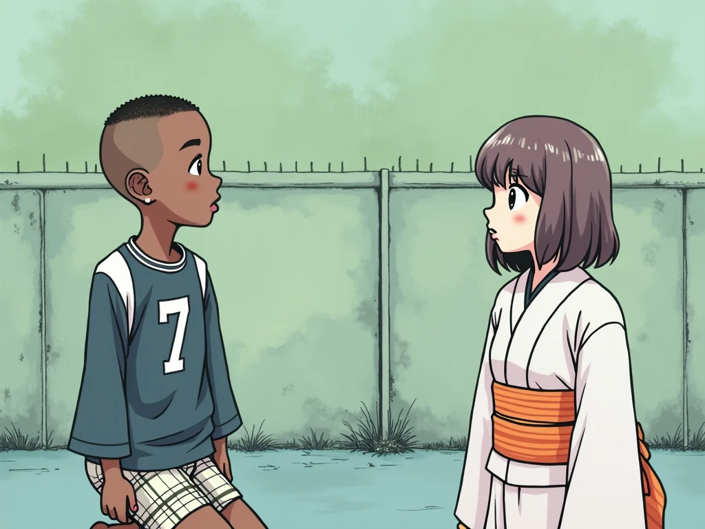 1980s retro hand drawn ink. A small black boy named Greg Burke kneeling on concrete with short close crop shaved hair, in an all-white number seven sports jersey, loose-fitting plaid cotton boxers shorts and a Japanese small girl named Ikari Yu with medium length brown hair wearing an orange stripe kimono.