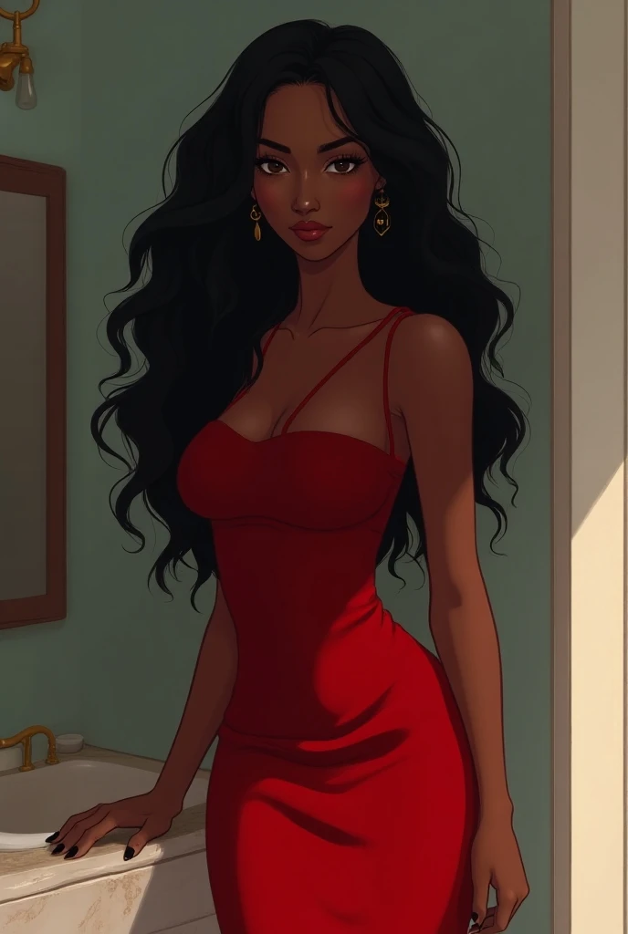 a girl aged 20 very yellow eyes with a light brown tone long black hair and a large layered cut small nose full lips tanned skin red dress 1,60 tall big breasts gold necklace with a small heart and small gold earrings