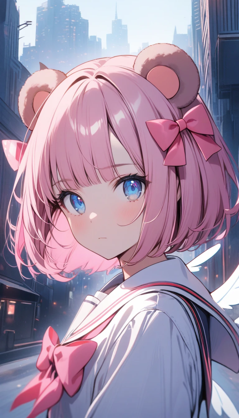 Ski Style,  1 girl, Alone, Pink Hair,  animal ears ,  blue eyes, Wings,  watching viewers, bangs,  short hair, bow, Sailor collar, white Sailor collar, hair bow, pink bow,  closed mouth, shirt, white shirt, bear ears,  bob cut, Mini Wing,  PORTRAIT, separation wing, compensate,  upper body, City in the background 