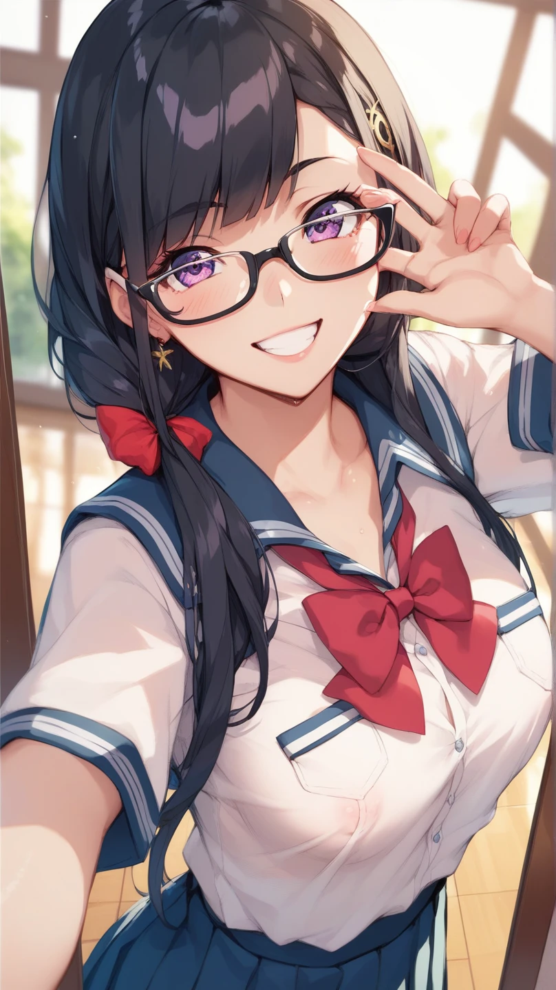 Akiba Tono,give,Best Quality,masterpiece,  Spane's illustration, 1 girl,, , {{{ Serious Bitch Girlfriend Getting Her Shirt Grabbed By Yarittin Boys During An Erotic Selfie　Through the mirror　High School Uniform　Nipple peek　 shy laugh }}}　Beautiful light pink nipples　black hair low tail　Glasses　Purple Eye　Selfie image 　「I Can See Her Boobs 」