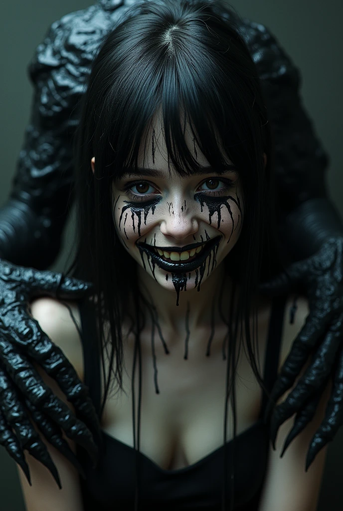 film photography, vintage, fashion shoot of female horror monster, blue dark background