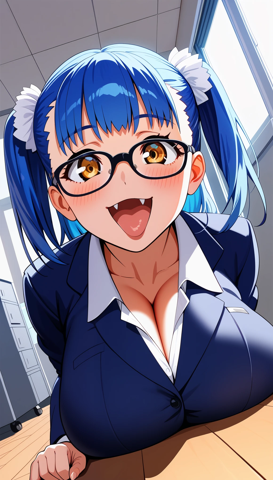 (Tuile(gravion),gigantic breasts,blue hair,yerrow eyes,twintail,two side up),official art,smile,blush,open mouth,fang,1girl, solo, slight smile, office lady, office room, indoors, professional light, dutch angle, gigantic breasts,bursting breasts,wear nerd glasses,ahegao face and rolling eyes,sit on the floor,view from above