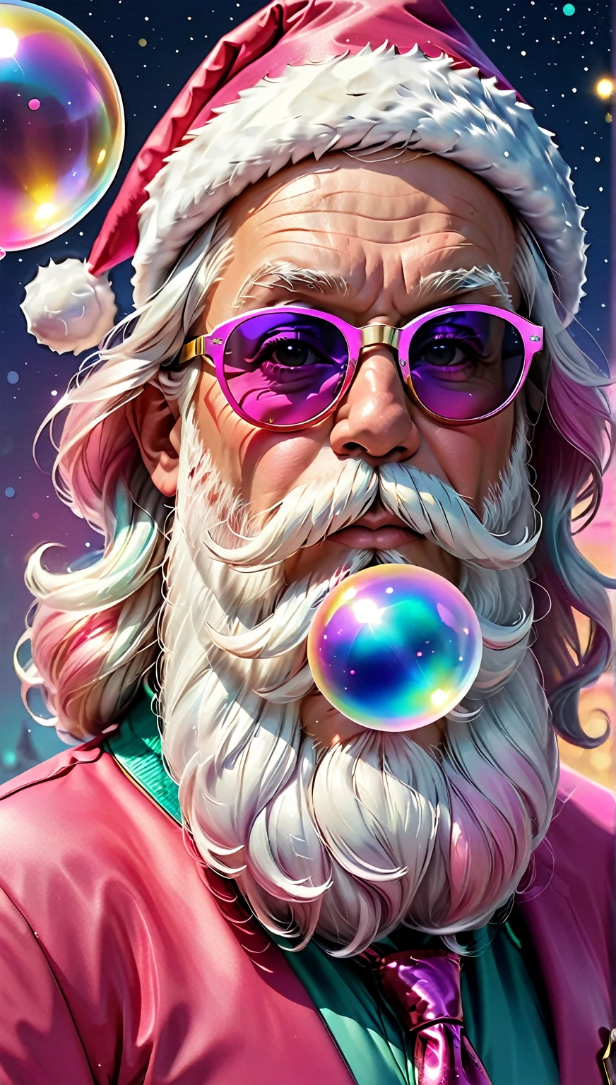 A playful and colorful Santa design featuring Santa Claus with a modern twist. Santa's hat and beard are rendered in soft, pastel rainbow colors with a glittery, iridescent effect, giving it a magical, festive vibe. He’s wearing oversized, star-shaped sunglasses in bright pink, adding a touch of fun and whimsy. To top it off, Santa is blowing a large pink bubble gum bubble, making the design both trendy and humorous. Perfect for a modern holiday look, blending traditional holiday cheer with vibrant, contemporary style.