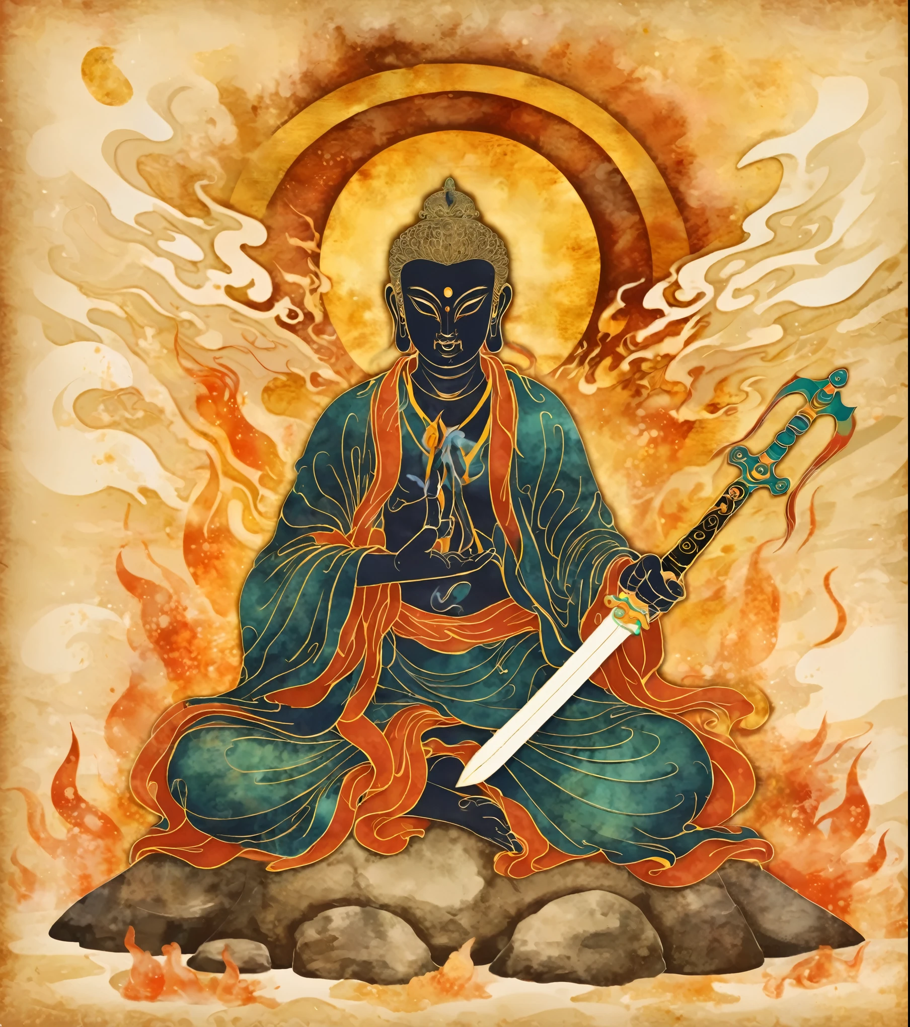 Picture of a man sitting on a rock with a sword in his hand,  Asura from Chinese mythology , time, They,  tanga ,  Inspired by Tawaraya Sotatsu ,  puşkaracūa  ,   full color illustration, Japanese God, Hindu good, tibetan  tanga , Buddha、Watercolor:1.5、burning flame background、White background:1.5、 mystical illustration