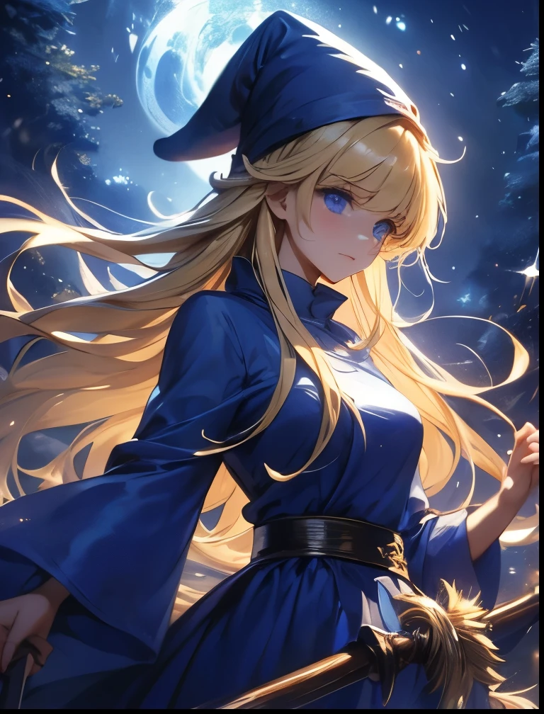 （（（ＳＦＷ、Precision、Highest quality、A first-class masterpiece、Normal body、8k、  Detailed Face 、Ultra-precision、 Normal hand、５refer to、Highest）））、Witch、Witch（Puyo Puyo）、adult、 Blonde Long Hair 、 Beautiful Girl、 Blue Mage Robe、 Blue Mage Hat 、Broom Wand 