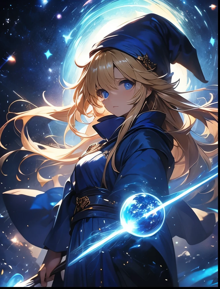 （（（ＳＦＷ、Precision、Highest quality、A first-class masterpiece、Normal body、8k、  Detailed Face 、Ultra-precision、 Normal hand、５refer to、Highest）））、Witch、Witch（Puyo Puyo）、adult、 Blonde Long Hair 、 Beautiful Girl、 Blue Mage Robe、 Blue Mage Hat 、Broom Wand 、Meteo、tachyon、Quasar 、 black hole swallowing stars、 Big Bang