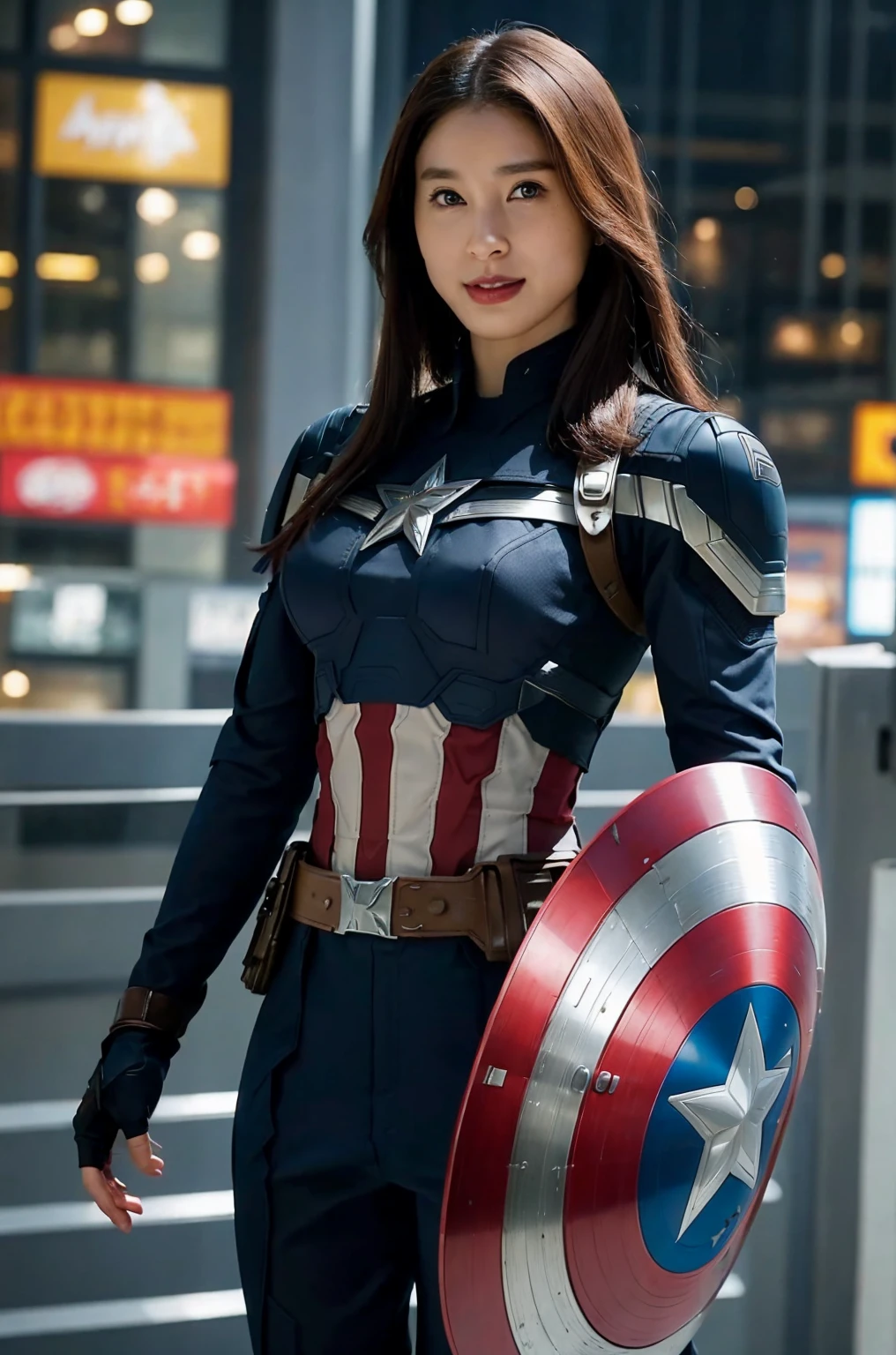 masterpiece,  1 girl, Beautiful woman、Marvel's Captain America , Delicate and delicate features,  American Dream ,  holding a round shield ,  The futuristic Times Square in New York is in the background,  Sci-fi ,  brown,  big and round breasts that stick out of the body, G-cup big breasts,  superheroine , Perfectly Proportioned,   Unvolume 1 Photo ,  super real , masterpiece, 8k, Large format camera , マーベルのキャプテン・アメリカ役のBeautiful womanの110mmレンズ ,  Dynamic Lighting ,  Captain America costume design for the 2022 movie Avengers Endgame, There is only one shield in the world with a diameter of 90 centimeters, which is the symbol of Captain America, Overall bright, Horizontal angle to the front of the body,  full shot ,  Bright, soft lighting in sunlight , smile, Smile, Smiling with a kind face,  stretch your chest, grab your right hand at the waist, hold the shield in your left hand, Standing straight with legs shoulder-width apart , Full body portrait wearing a Captain America costume designed during Avengers Endgame,  staring at viewers、Anatomically correct , 