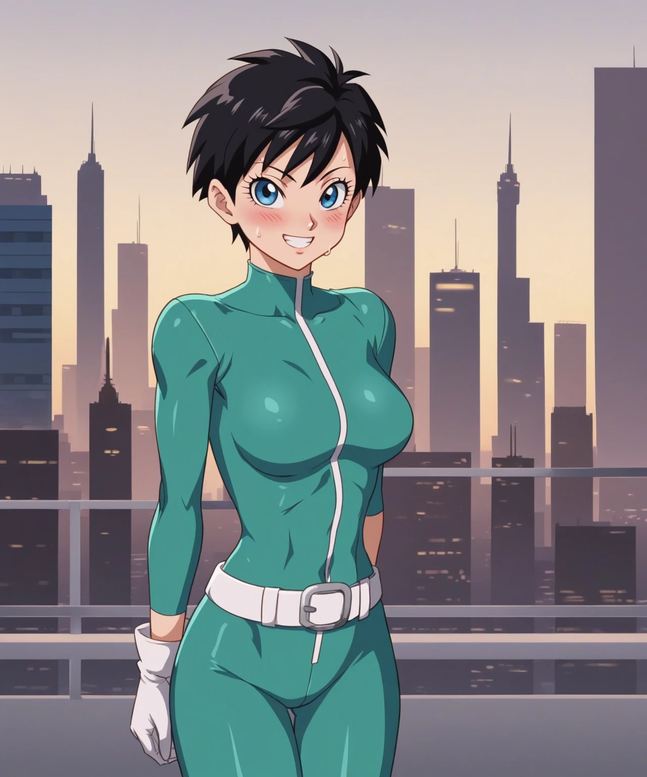 source_anime, score_9, score_8_up, score_7_up, anime screencap,
videldbz, great saiyaman 2, 1girl, solo, looking at viewer, blush, smile, short hair, blue eyes, city, black hair, white gloves, cityscape, arms behind back, white belt, red cape, purple bodysuit, spiked hair, ;\), teeth, night sky, eyelashes, collarbone, green tunic, sweatdrop, sweat, arms at sides