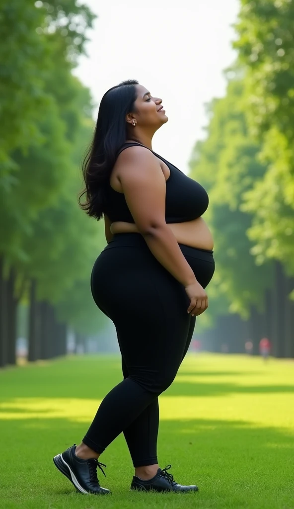 a slender young female, visible abs, full length shot, right profile, (severely obese:1.5), highly detailed, photorealistic, 8K, realistic lighting, cinematic composition, dramatic pose, natural skin texture, dramatic shadows, warm golden hour lighting, realistic skin pores and imperfections, detailed clothing folds and wrinkles