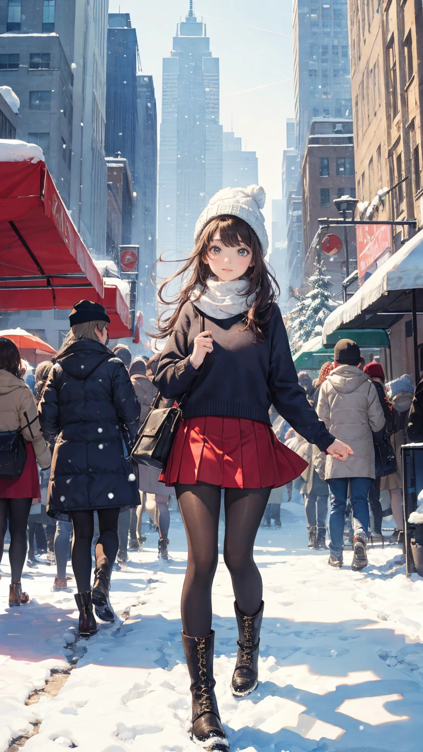  a fusion of high quality hand drawn line art and watercolor, highdefinition images,  Atmospheric Perspective , 8k, Super detailed, Accurate, Best Quality,   angle from below without hiding your beautiful vagina, woman, Droopy eyes, , Walking through the city's winter parks , Food Truck, busy,  Skyscrapers,  it's snowing, (White Breath), skirt,   thick tights , High Boots,  shoulder bag, Knitted hat,