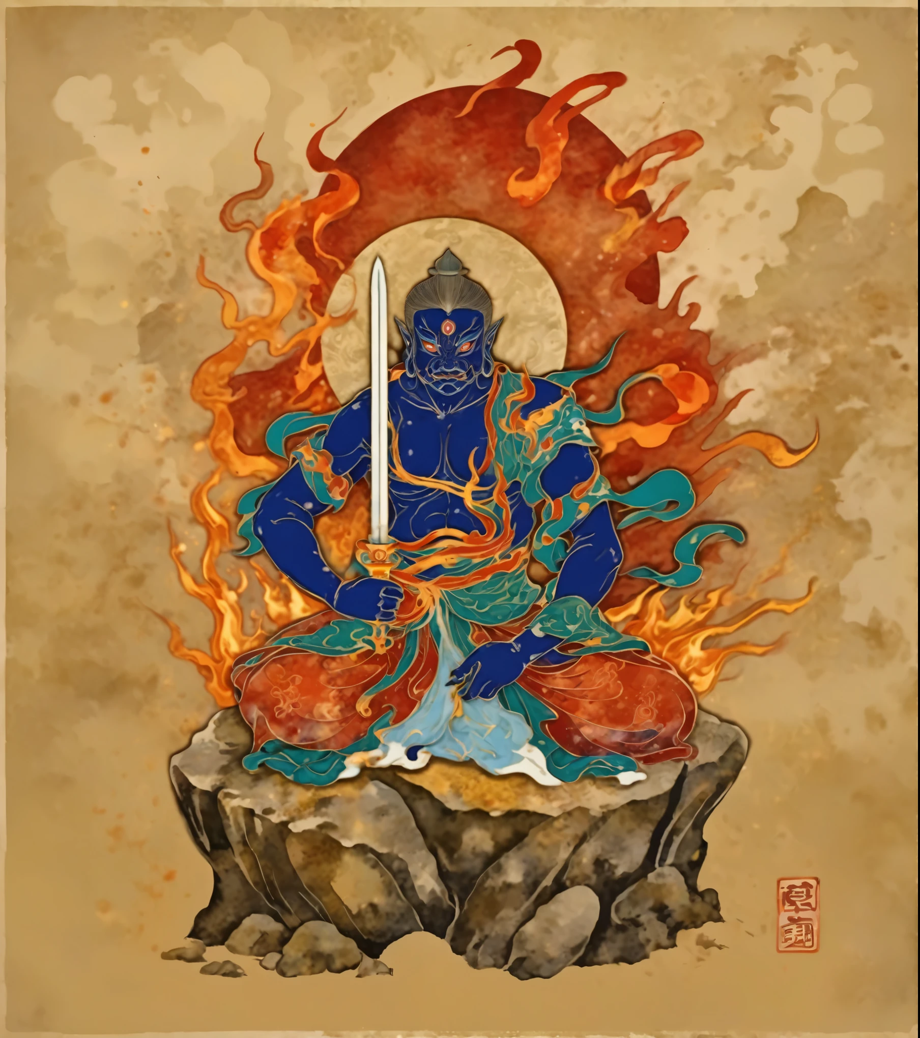 Picture of a blue demon sitting on a rock with a sword in his hand,  Asura from Chinese mythology , time, They,  tanga ,  Inspired by Tawaraya Sotatsu ,  puşkaracūa  ,   full color illustration, Japanese God, Hindu good, tibetan  tanga , Buddha、Watercolor:1.5、burning flame background