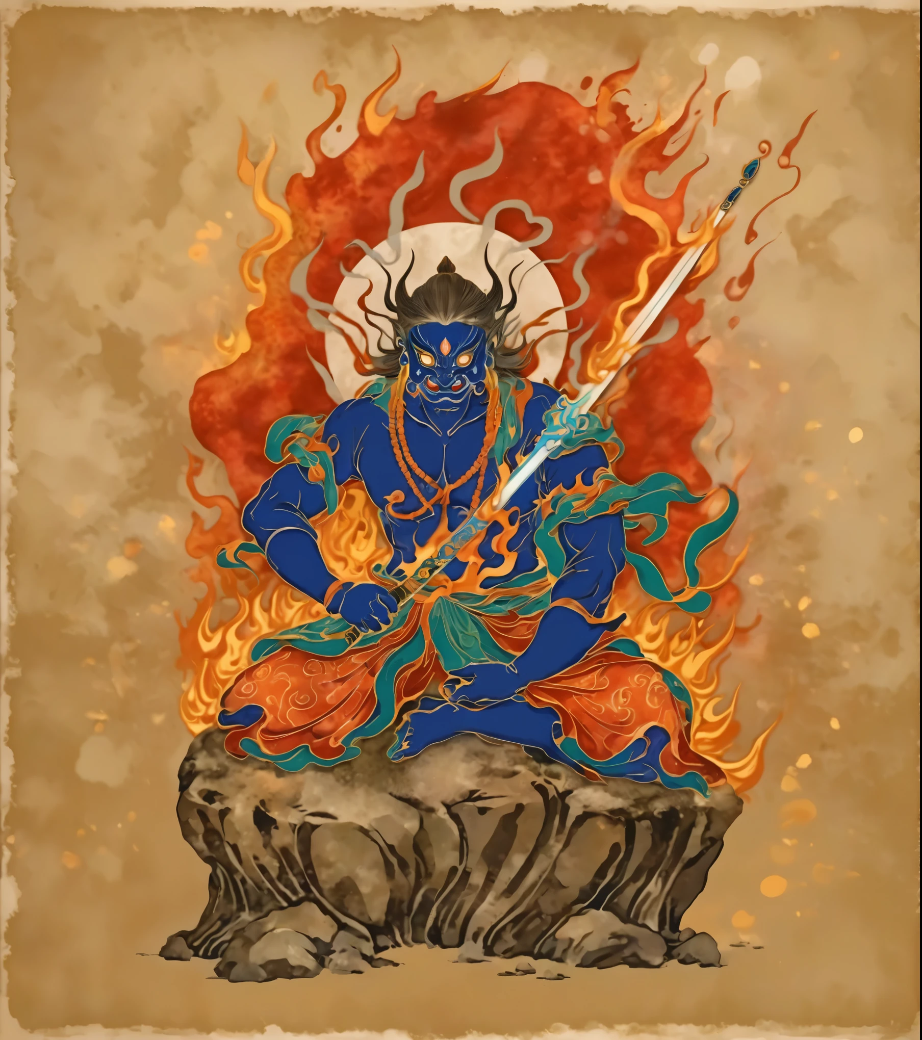 Picture of a blue demon face sitting on a rock holding a straight sword,  Asura from Chinese mythology , time, They,  tanga ,  Inspired by Tawaraya Sotatsu ,  puşkaracūa  ,   full color illustration, Japanese God, Hindu good, tibetan  tanga , Buddha、Watercolor:1.5、burning flame background