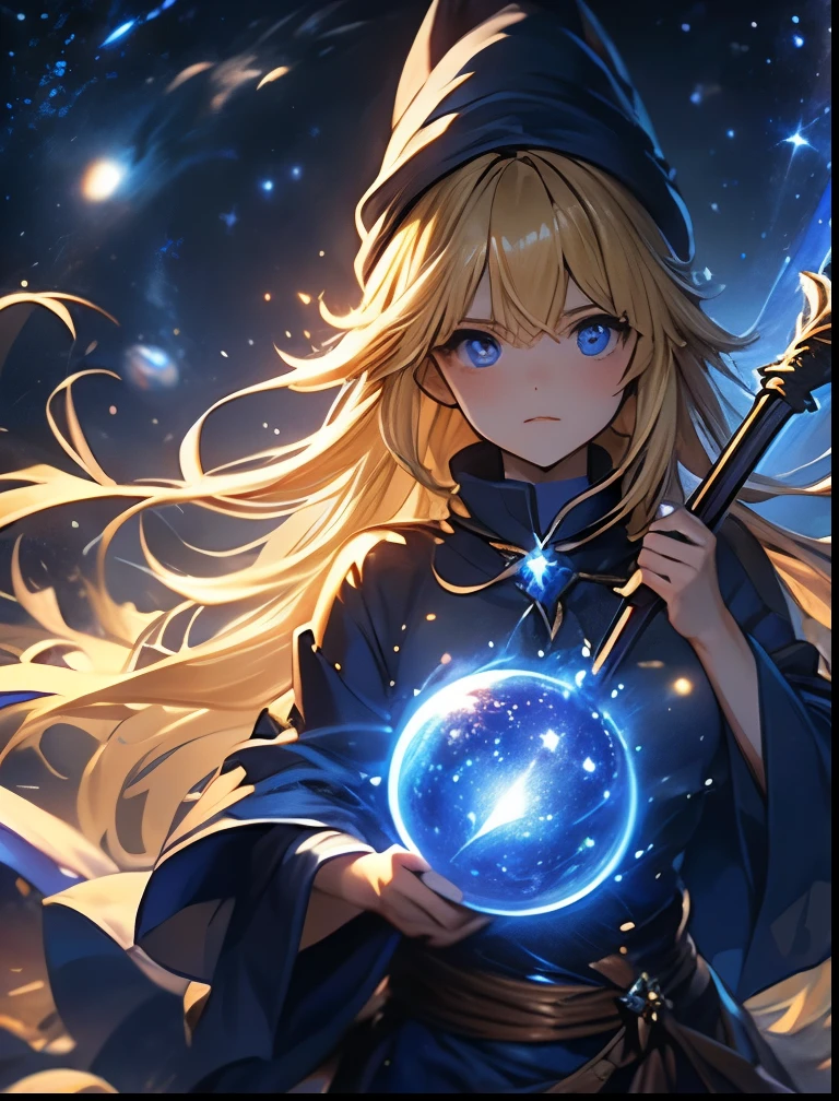 （（（ＳＦＷ、Precision、Highest quality、A first-class masterpiece、Normal body、8k、  Detailed Face 、Ultra-precision、 Normal hand、５refer to、Highest）））、Witch、Witch（Puyo Puyo）、adult、 Blonde Long Hair 、 Beautiful Girl、 Blue Mage Robe、 Blue Mage Hat 、Broom Wand 、Meteo、tachyon、Quasar 、 black hole swallowing stars、 Big Bang