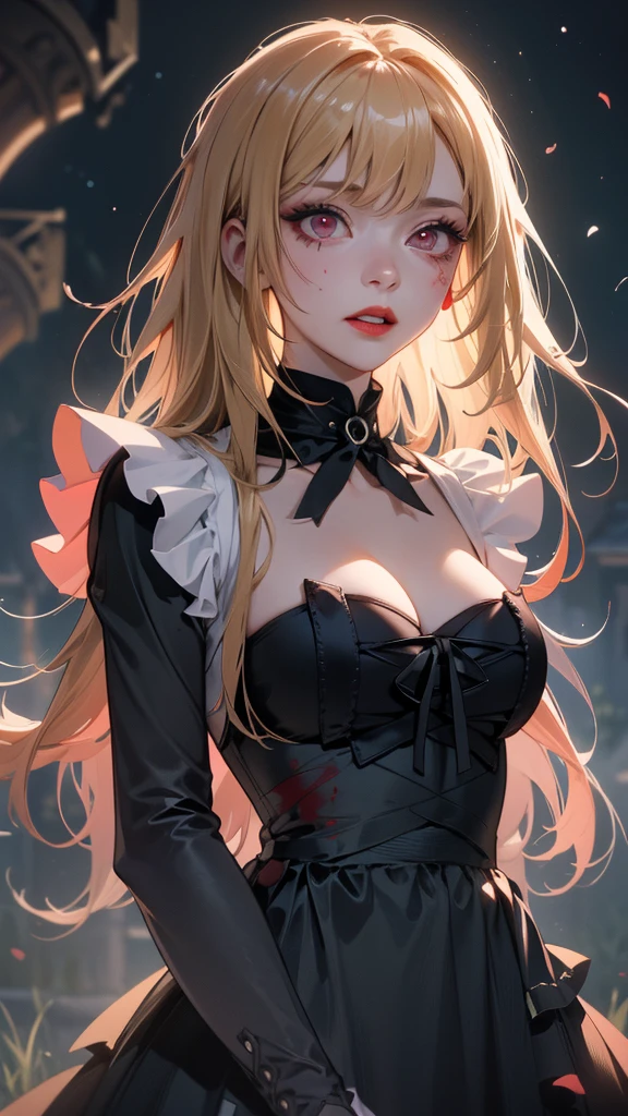 Delicate features,disaster々new devil horns,狂気の笑face, 最上級の笑face, Eyelids wide open, Crazy Smile, Open your mouth wide, 口を開けてteethをむき出しにする, Wide lips, very wide mouth, Vermilion cheeks, Blonde, Princess Cut, Ribbon hair ornament, brooch, Shiny candy blue dress, Gold embroidery,Lolita Style, Gothic style, Facing the audience, Otaku Room, Well-built body, Nice body, Ample breasts, Thick body,Eyes Wide Open、Scary atmosphere、Distorted facial expressions、ねじれた笑face、Bloodstained、bleeding from the head,、Blood splatter、whole body、Long Hair、Long bangs、(((Dark circles under the eyes)))、Pale skin、Feeling unwell、Pathological、邪悪な笑face、Crazy Eyes、(Grin)Dramatic makeup,Create mixed media art,Well-built,Nice body,Broad shoulders,I focus,(face),Messy Hair,Yellow Eyes,(Glowing Eyes),(Blood splatter:1.6),Red light,笑face,big 笑face,teeth,psycho 笑face,gesugao,Dark city background,darkness,night,(close),Good Eyes, 良いteeth,サディスティックな笑face,,all,Shiny skin,詳細なface,Beautiful body,アwhole body油まみれで光沢感がある whole bodyから湯気が出ている Steam like a sauna room fills the screen.. White breath from the mouth Luxurious lace long gloves