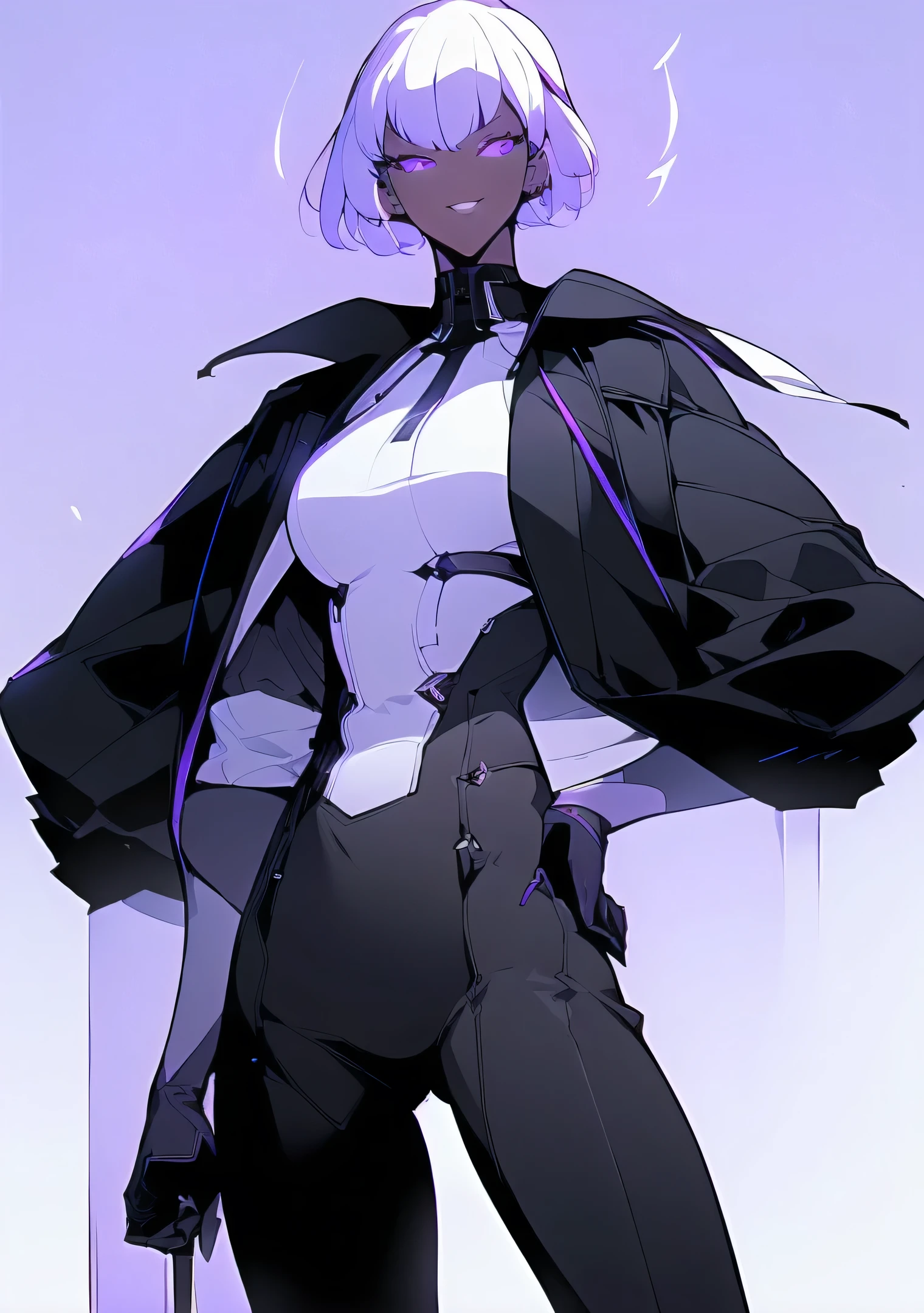1 girl, short, pixie cut, white hair, white eyelashes, purple eyes, Japanese, very white skin, huge breast, full body, fit body, sexy, very young, white pants, turtleneck, earrings, coat over shoulders, high heel boots