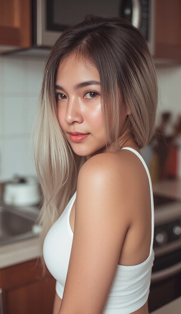 Girl, Skinny, Solo, High Resolution, Anatomically Correct, Accurate, Super Detailed, Textured Skin, Depth Of Field, Bokeh, Photorealistic, Portrait Photography, Soft Lighting, Smile, Hair Between Eyes, At Kitchen, Full Body Shot,135mm, F/2.8, Small Chest, Perfect Round Breast,Wearing White Lingerie, Naughty Face, Oral Invitation, Messy Hair, 