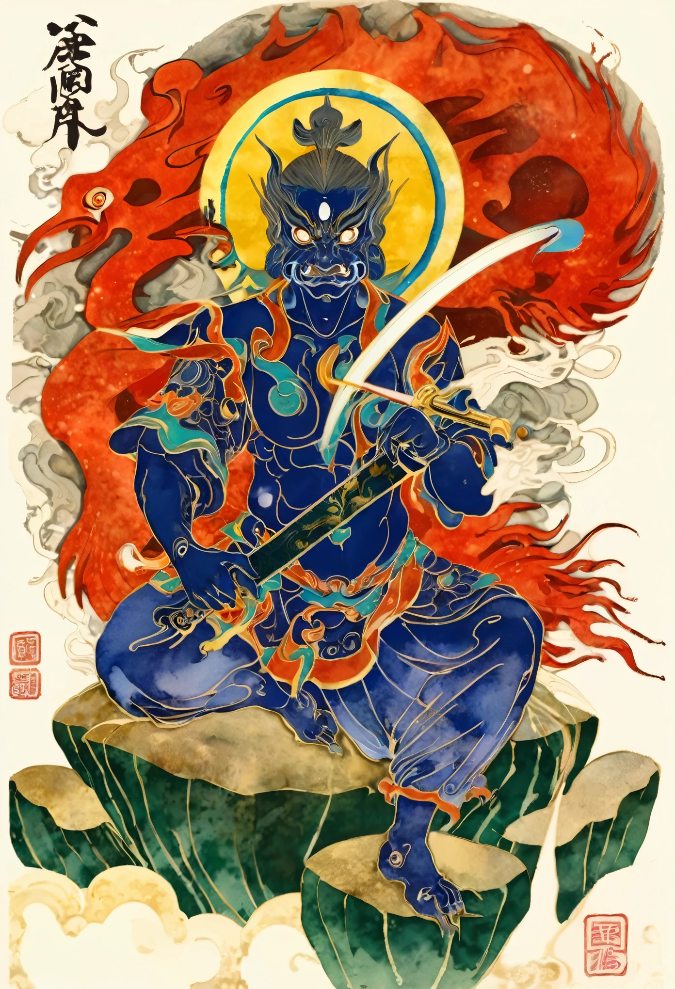 (Picture of a blue demon holding a sword sitting on a rock with a phoenix:1.5),  It has a gold top 、 inspired by Kaigetsudo Yasutomo,  Inspired by Tawaraya Sotatsu ,  Asura from Chinese mythology ,  inspired by Ito Jakuchu , Inspired by Buncho Tani,  Influenced by the East in Kyogen, They,  tanga 、(Watercolor:1.5)