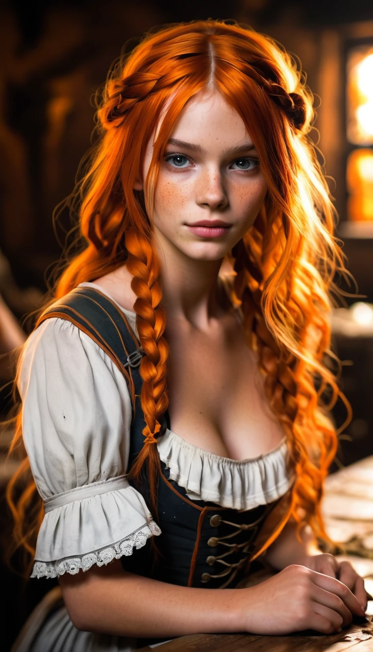 1girl, yo, belviso, bob cut, braid, lips, long hair, looking at viewer, messy hair, orange hair, 
1200AD Tavern, serving wench, rags dress, torn, shredded, cleavage. bustier. 
half body shot, realistic, solo, teeth sexy, seductive. sex porn fucking 
low key lighting, dark, 