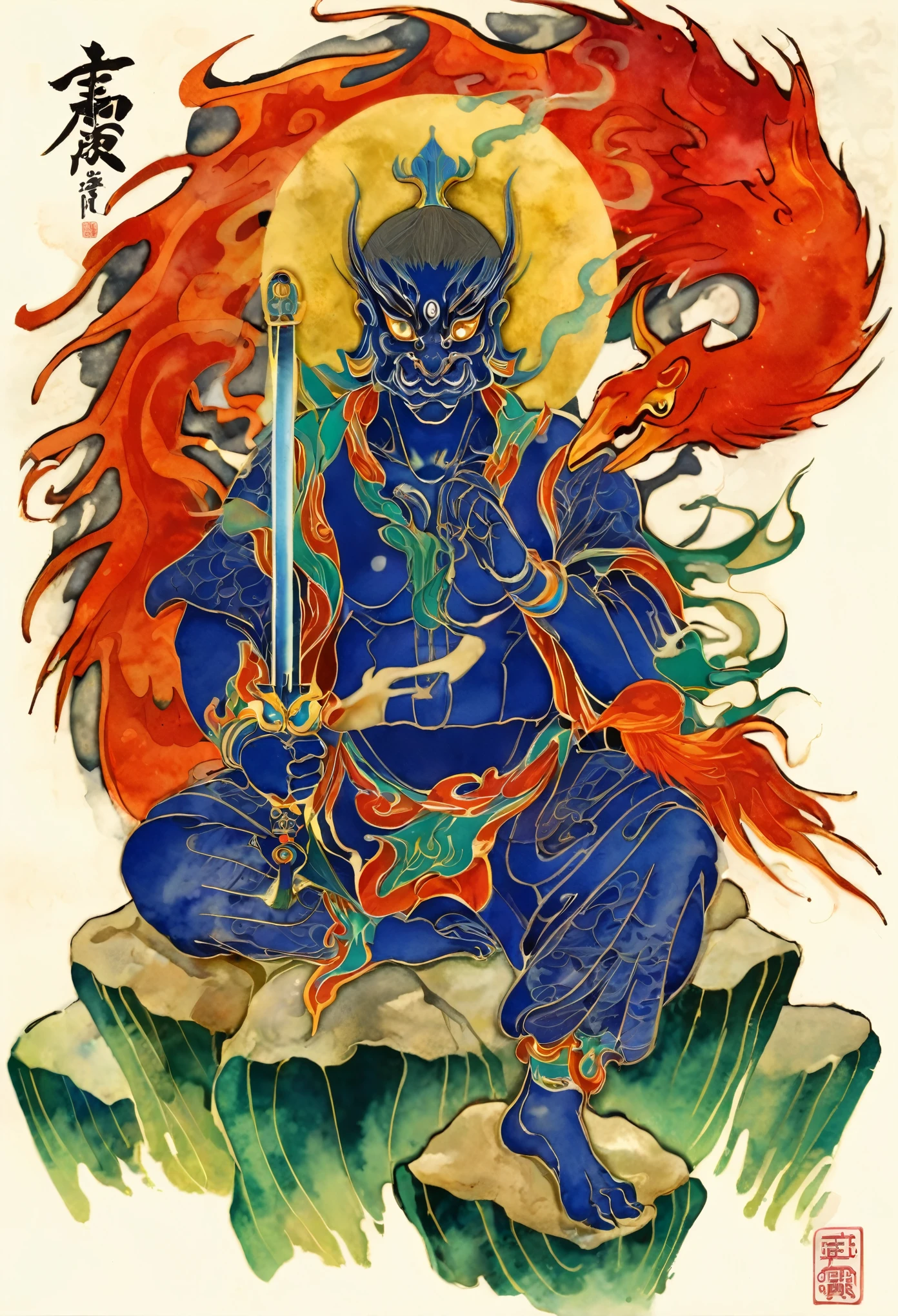 (Picture of a blue demon holding a sword sitting on a rock with a phoenix:1.5),  It has a gold top 、 inspired by Kaigetsudo Yasutomo,  Inspired by Tawaraya Sotatsu ,  Asura from Chinese mythology ,  inspired by Ito Jakuchu , Inspired by Buncho Tani,  Influenced by the East in Kyogen, They,  tanga 、(Watercolor:1.5)