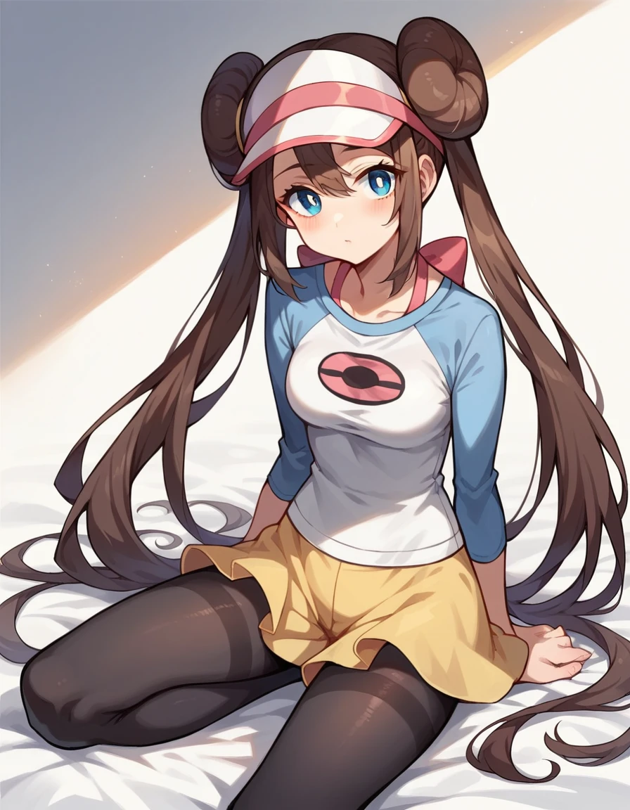 best quality, masterpiece, beautiful eyes, beautiful hair, beautiful face, beautiful skin, BREAK rosa, brown hair, double bun, doughnut hair bun, hair bun, blue eyes, hair between eyes, twintails, pantyhose, pantyhose under shorts, raglan sleeves, skirt, yellow skirt, white shirt, blue sleeves, long sleeves, visor cap,