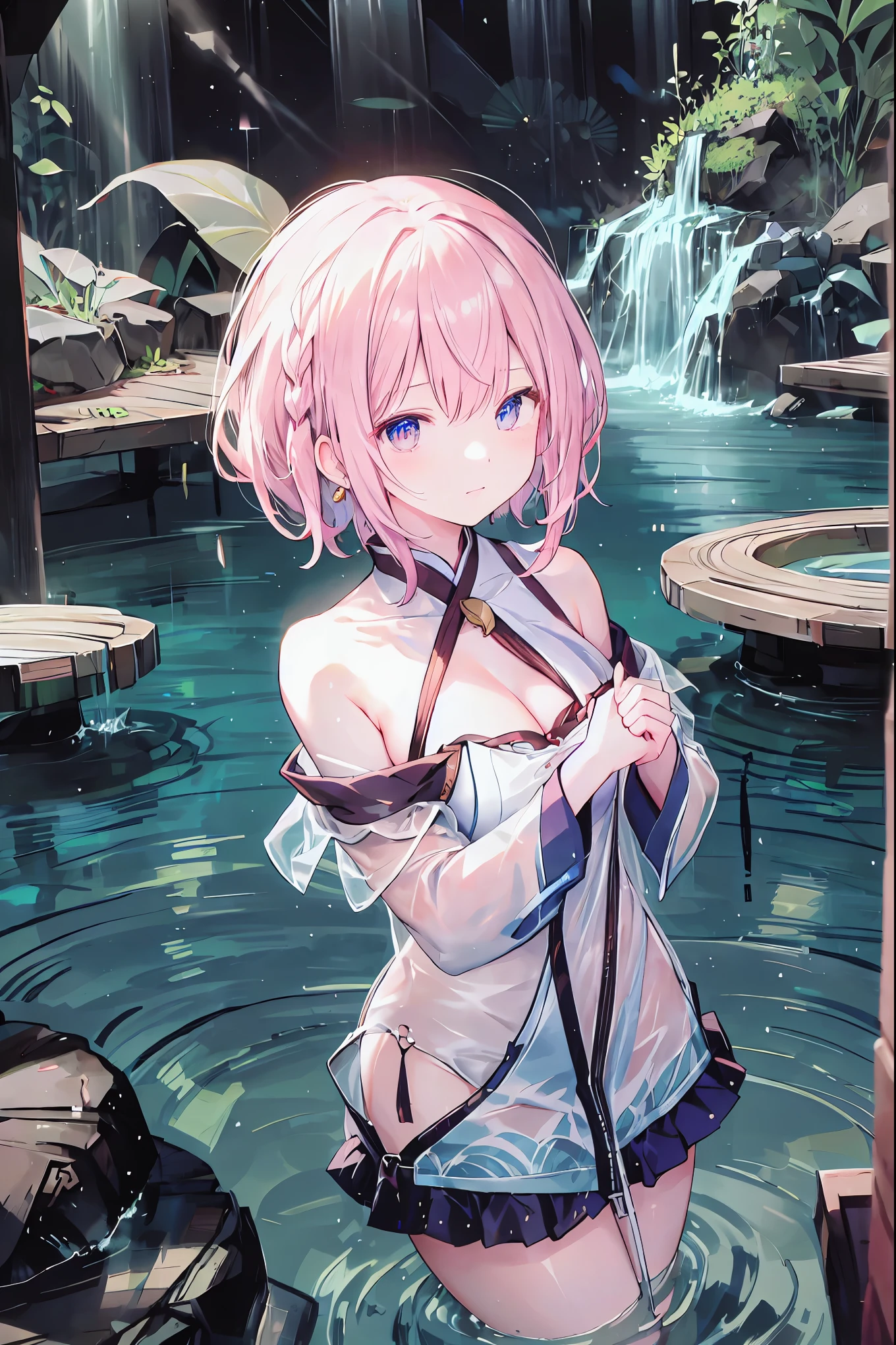 1girl,cabelos longos, somente_Arms,ao ar livre,Onsen, yofukashi no uta, Nazuna Nanakusa,preto_Hair,Luz_sorrir