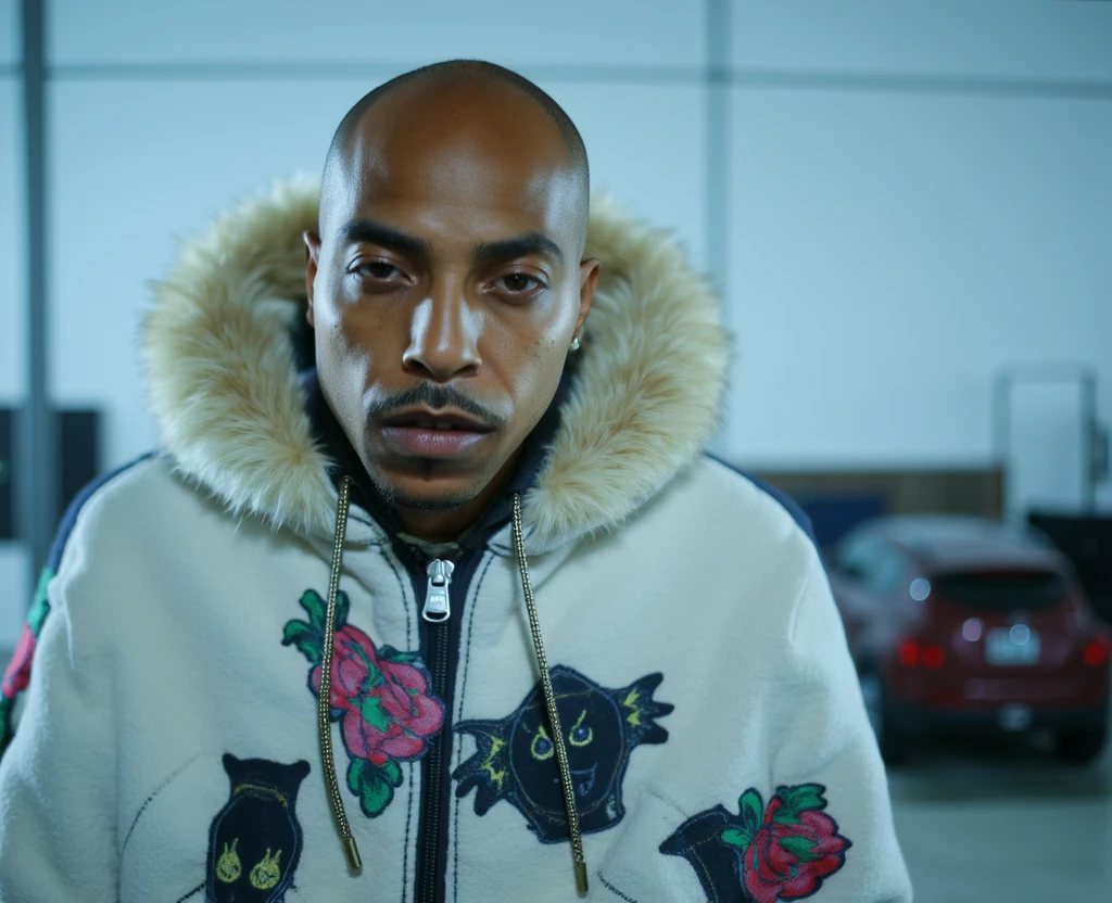 1rapper with Bald hair, Unique mink Fur Jacket (Virgal Abloh) (H R Gigger), fog, detailed and realistic image, amazing composition with vintage scenery with abstract shapes, abstract minimalist background with tentacles, melt, drip, yoshitomo nara:1.5, wes anderson:1.3, new casualism, retro, minimalism,BiopunkAI